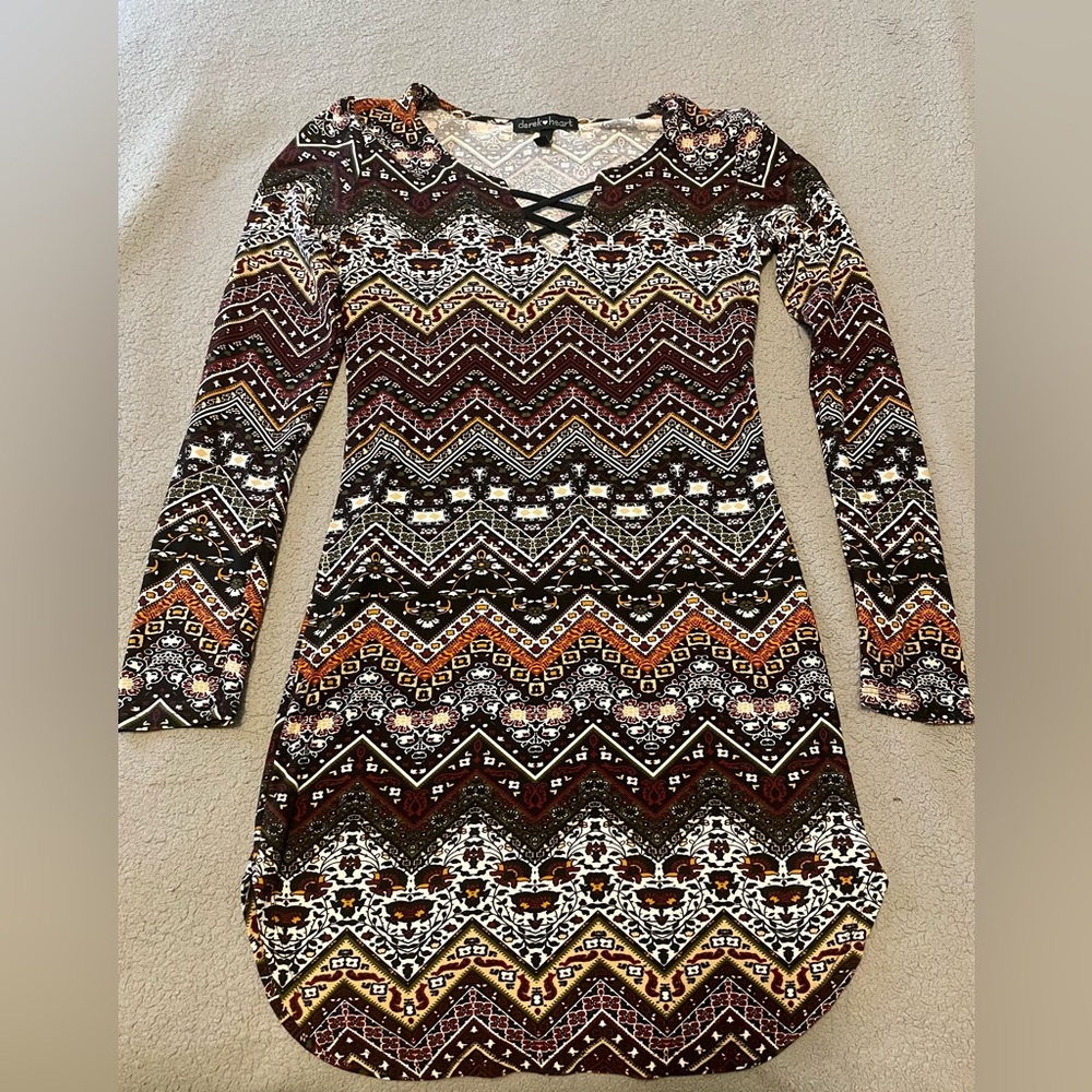 Brown and White Long Sleeve Sheath Dress